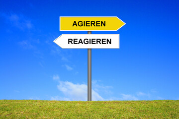 Schild Wegweiser zeigt Agieren und Reagieren
