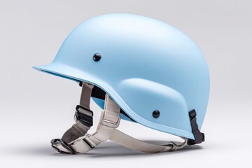 Close-up View of a Light Blue UN Helmet Showcasing Its Design and Features on a Neutral Background