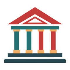 Modern Building Icon: Flat Design, Red Roof, Teal & Red Pillars.