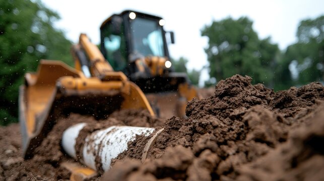 Excavator digging trench, pipe installation