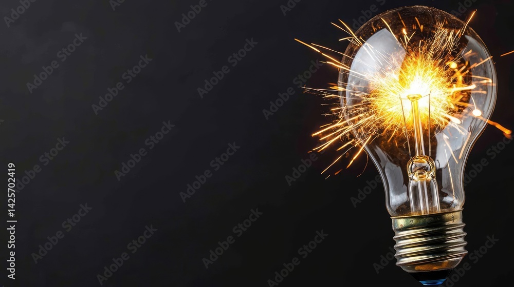 Poster explosion of lightbulb with creativity and crash effect concept. a glowing light bulb emits sparks a