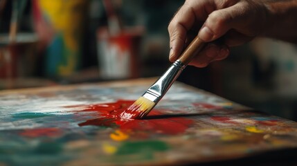 Fototapeta premium Using a paintbrush and roller to paint over dark wood furniture, precise strokes,