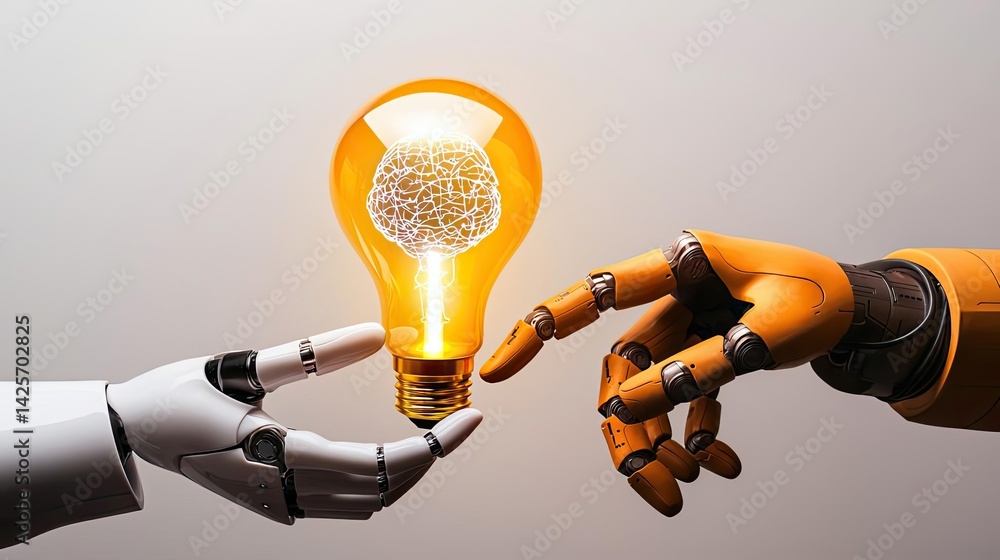 Aufkleber hands of robot and human touching in machine intelligence evolution concept. a robot hand and a huma