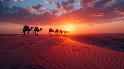 **Silhouettes Of Camels Walking Along Ridge At Sunset, Glowing Sand And Cinematic Sahara Light, Storytelling Print --Ar 16:9 --S 960 --V 6.0 --Style Raw** - @Darya (Relaxed) -# Create, Explore, And Or