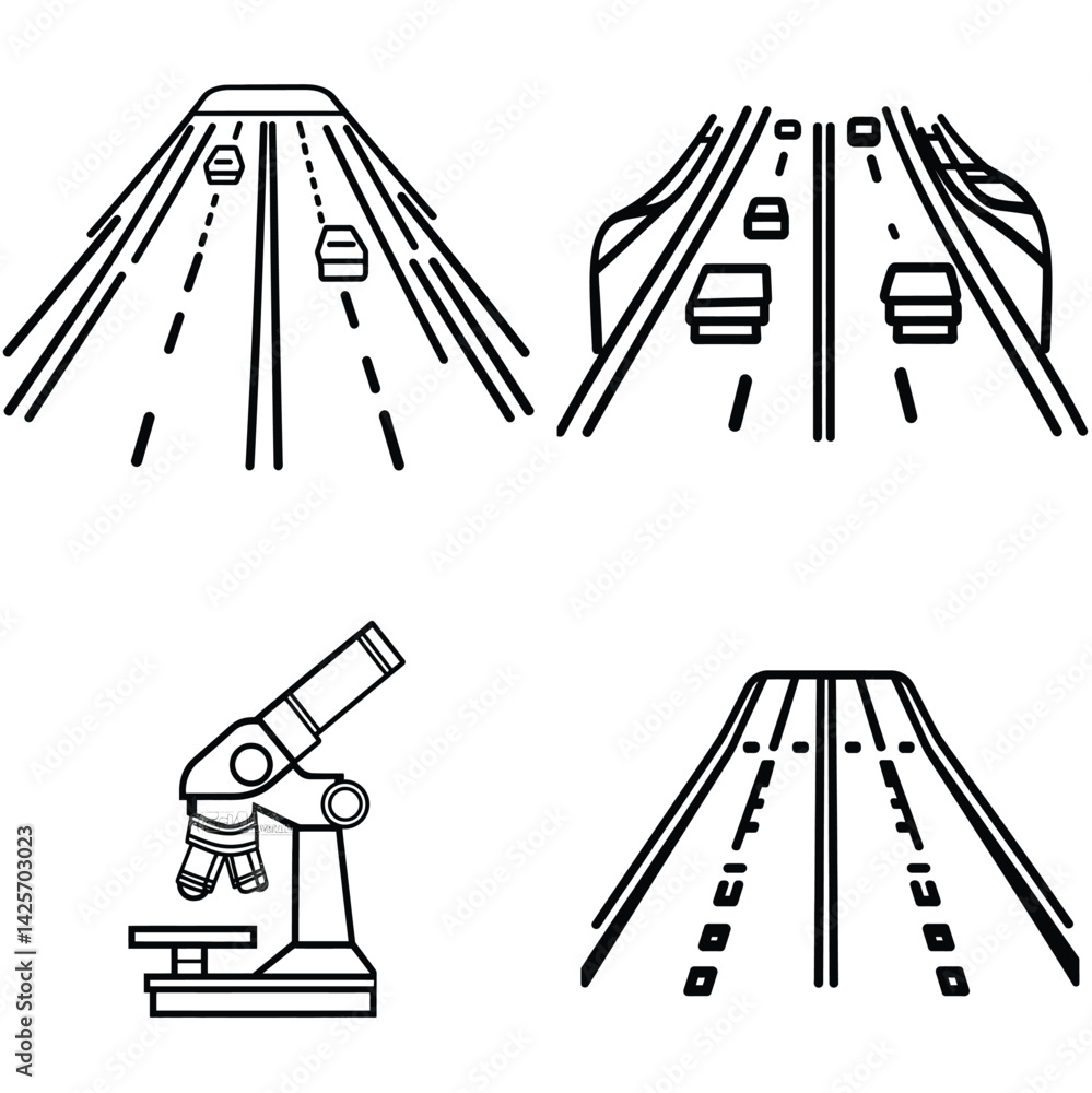 Poster road and microscope set line art outline isolated on transparent background