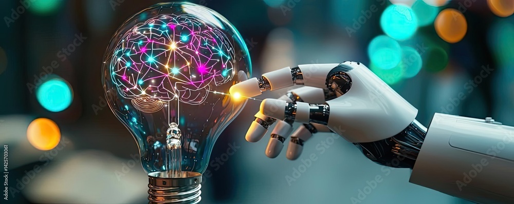 Poster hands of robot and human touching with science technology innovation concept. a robotic hand interac