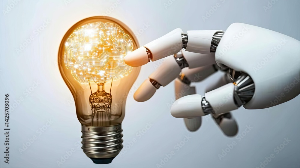 Poster hands of robot and human touching for futuristic intelligence connection concept. a robotic hand rea