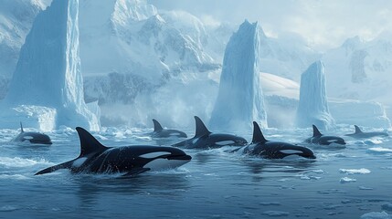Naklejka premium Orcas swimming amidst Antarctic icebergs