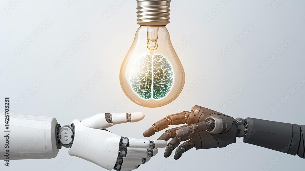 Poster hands of robot and human touching for digital interaction innovation concept. futuristic hands conne
