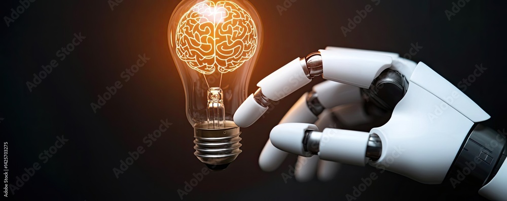 Poster hands of robot and human touching with science technology innovation concept. robot hand holding a g