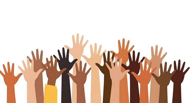 Diverse hands raised in unity signifying inclusivity and collective aspiration
