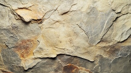 Fototapeta premium Close-up view of rough, layered, natural stone texture with beige, brown, and gray tones.