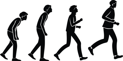 Simplified human figures, black silhouettes, various poses, stick figures, walking poses, running poses, jumping poses, standing poses, dynamic movement, white background, minimal design, pictogram st