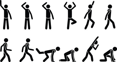 Simplified human figures, black silhouettes, various poses, stick figures, walking poses, running poses, jumping poses, standing poses, dynamic movement, white background, minimal design, pictogram st