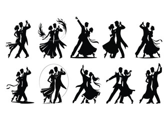 Ballroom Dancers Silhouettes Black and White Illustration of Dynamic Poses with Flowing Dresses and Tuxedos