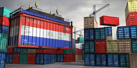 Fototapeta premium Cargo container with flag of Paraguay lifted by crane at freight terminal - 3D illustration