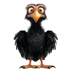 Obraz premium Animated black bird character with a surprised expression standing upright against a plain background