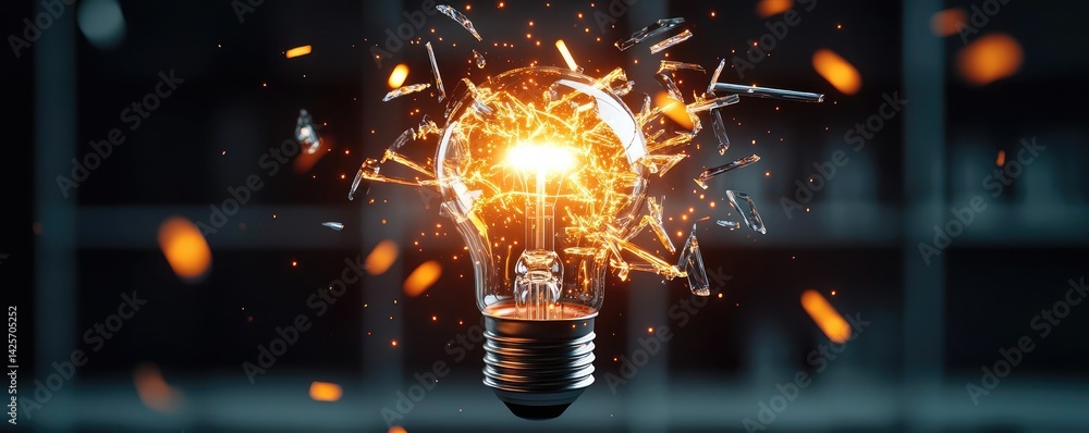 Poster explosion of lightbulb with creativity and crash effect concept. a shattered light bulb illuminating