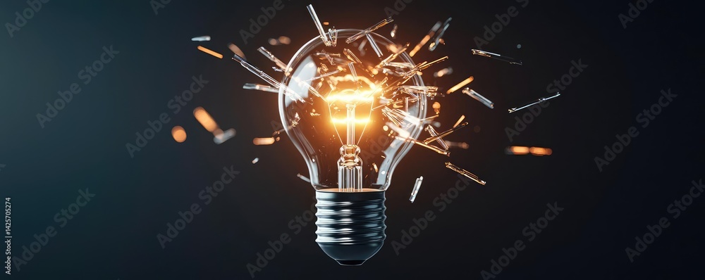Poster explosion of lightbulb with creativity and crash effect concept. a shattered lightbulb with a glowin