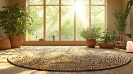 A serene home yoga room with natural wooden flooring