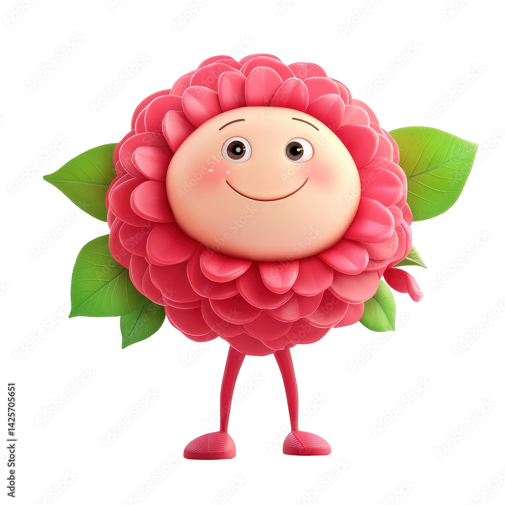 Poster character design of a joyful raspberry with leaves showcasing a friendly expression in a vibrant, co