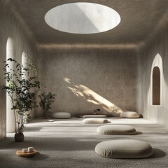 A serene meditation-inspired space with soft fluffy carpeting covering all directions