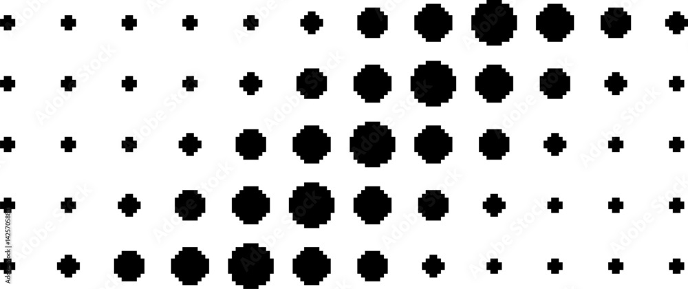 Poster dotted halftone background. horizontal dots pattern in pixel art style. abstract black and white tex