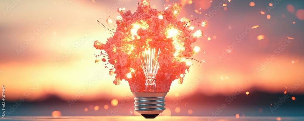 Aufkleber explosion of lightbulb with creativity and crash effect concept. illuminating light bulb explodes wi
