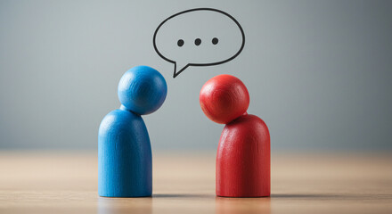 A close-up image of one blue and one red wooden figurine leaning toward each other beneath a blank speech bubble, symbolizing communication, dialogue, or connection between two individuals.