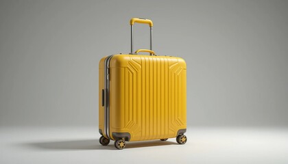 A yellow travel suitcase, an isolated object with a handle, suggests a journey for a holiday or business trip