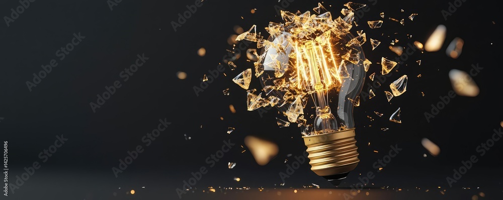 Poster explosion of lightbulb with creativity and crash effect concept. a shattered light bulb with glowing