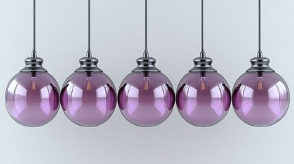 Five hanging spherical lamps with translucent purple glass shades