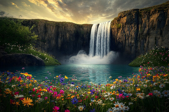 Majestic waterfall cascading into a vibrant flower-filled pool.