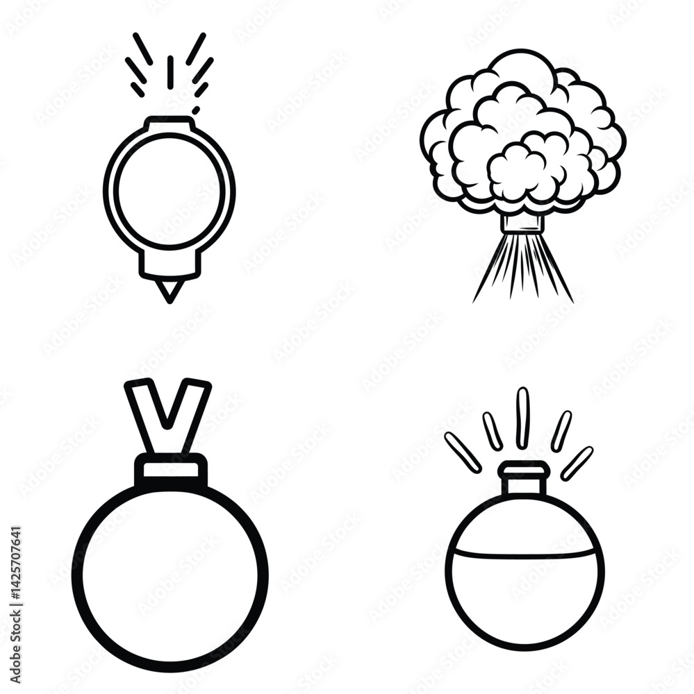 Poster set of outline style game icons medals, explosions, pin pointer on white background