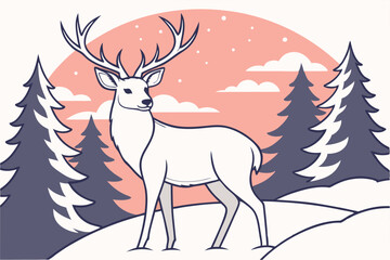 White Tailed Deer in Winter Forest Stylized Wildlife Illustration