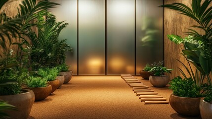 A small at-home yoga room hidden behind frosted glass doors