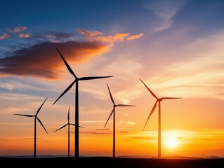 Obraz premium Silhouetted wind turbines against a vibrant sunset sky.