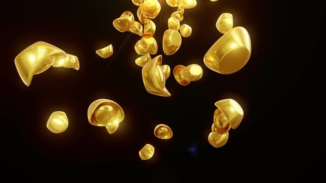 3D animation of a Chinese gold ingot (Yuanbao) rotating on a red background, symbolizing wealth, fortune, and prosperity in Chinese culture.