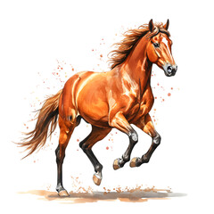 Obraz premium Watercolor Illustration of a Chestnut Horse Galloping on a White Background