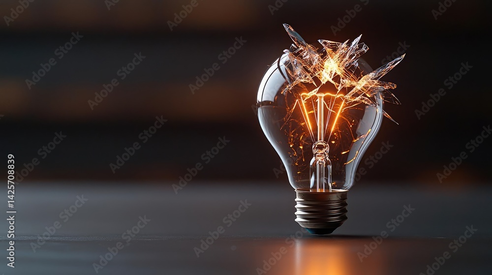 Poster explosion of lightbulb with conceptual creativity crash concept. a broken light bulb with glowing sp