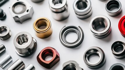 Collection of various metal parts, nuts, bolts, and precision components on white background.