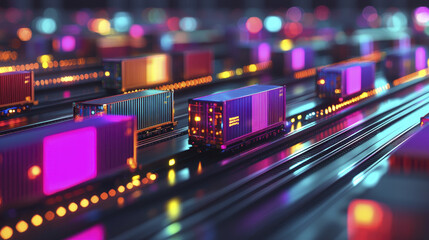 Colorful shipping containers illuminated at night in vibrant supply chain scene, showcasing modern logistics and technology