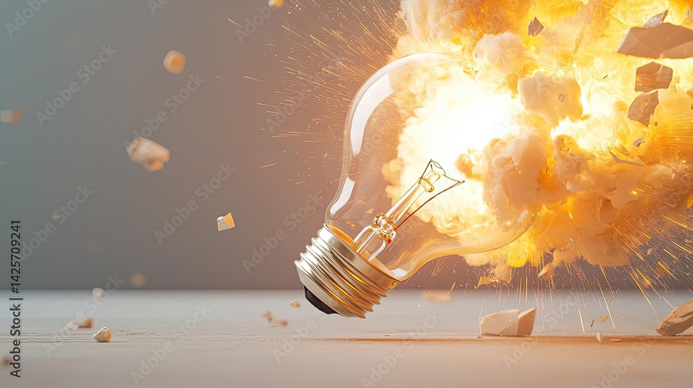 Poster explosion of lightbulb with conceptual creativity crash concept. a dramatic explosion of a light bul