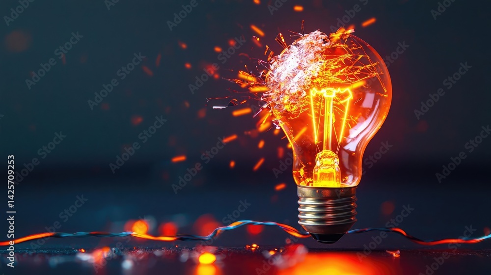 Poster explosion of lightbulb with conceptual creativity crash concept. a glowing light bulb bursting with 