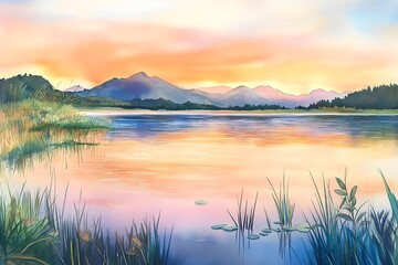 Serene Mountain Lake at Sunset in Watercolor, Generative AI