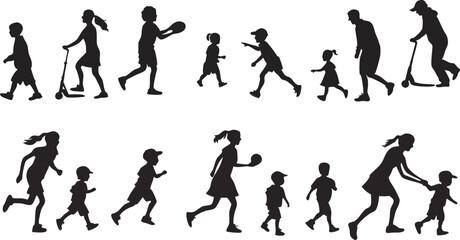 Silhouettes, people walking and running, diverse ages, family groups, children playing, adults exercising, dynamic poses, black and white, minimalist design, continuous line of figures, active lifesty