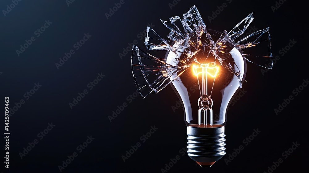 Aufkleber explosion of lightbulb with conceptual creativity crash concept. a shattered lightbulb emits a glowi