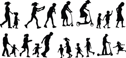 Silhouettes, people walking and running, diverse ages, family groups, children playing, adults exercising, dynamic poses, black and white, minimalist design, continuous line of figures, active lifesty