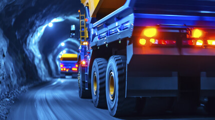 Heavy mining trucks navigate through modern underground tunnel, showcasing advanced technology and efficient design