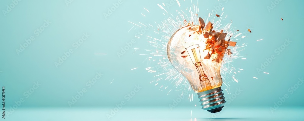 Poster explosion of lightbulb in electric filament destruction concept. a light bulb exploding with bright 